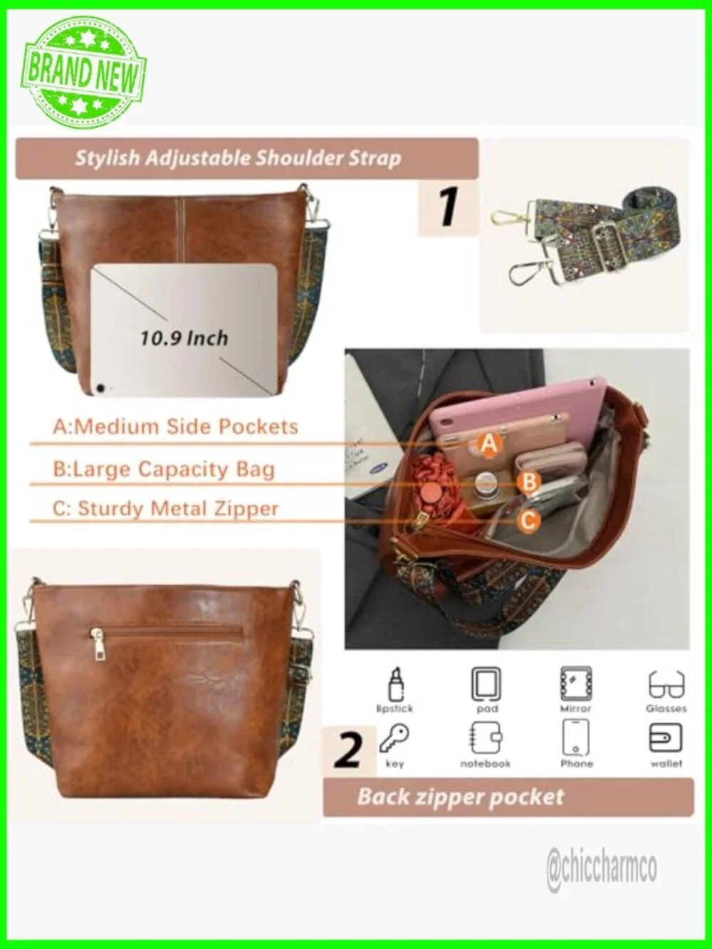 Vegan Leather Crossbody Hobo Bag with Adjustable Guitar Strap